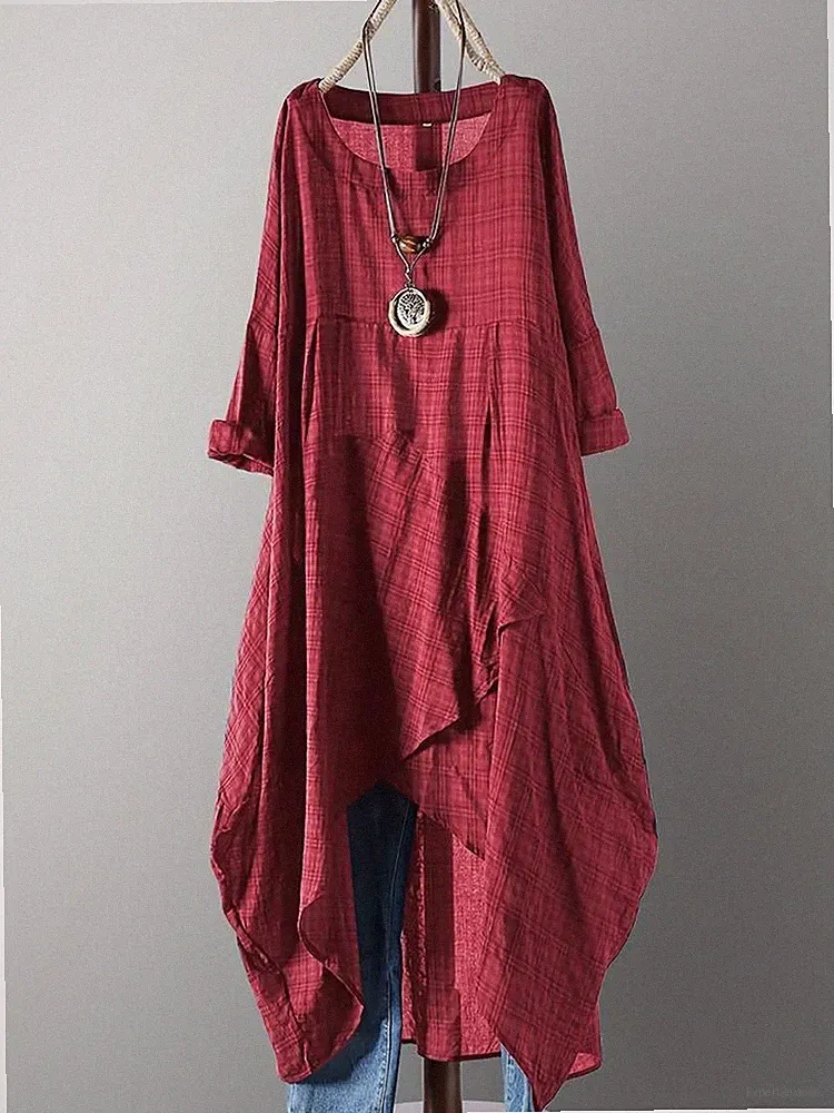 Lagenlook Zipfel Kleid rot 5XL (54/56) A-Linie Übergröße NEU Baumwolle Leinen