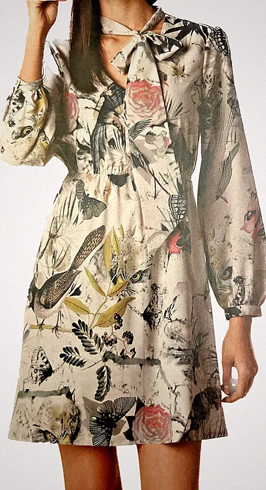 Langärmliges Kleid mit zauberhaftem Vogel- und Schmetterlingsprint von ALBA MODA