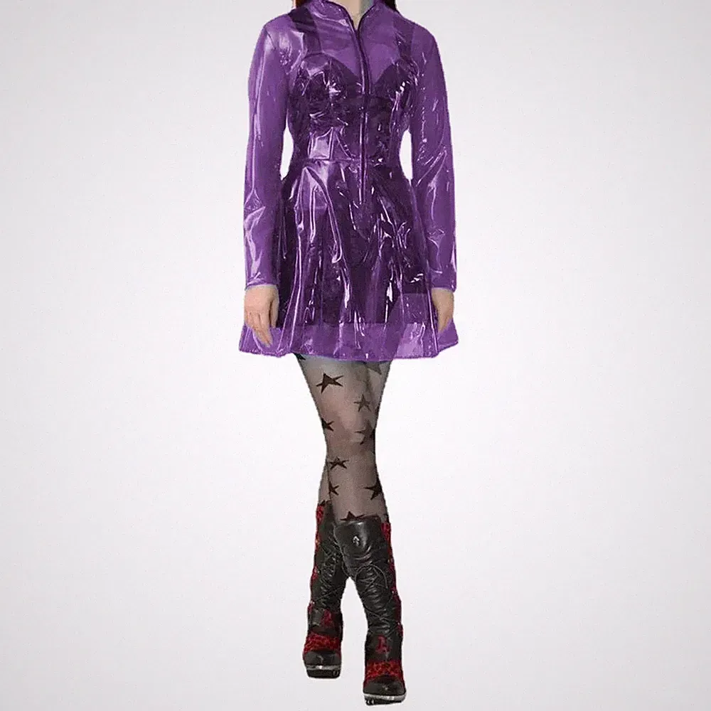 Langarm A-Linie Kleid mit Durchsichtig Stehkragen Reißverschluss Kleid