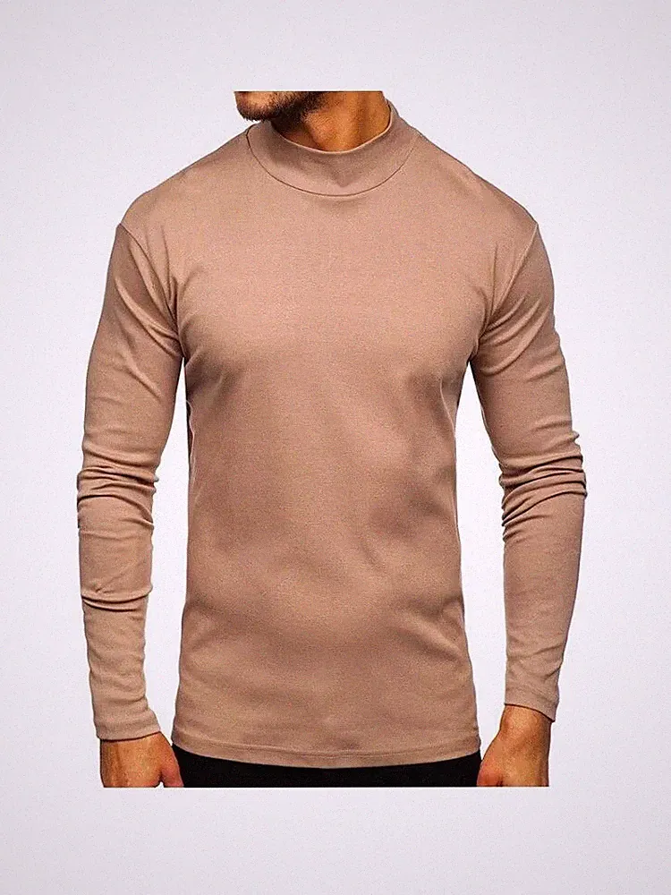 Langarm-Shirt Herren Unten Outdoor Funktionsjacke Beige Khaki Hals Hoch Skinny