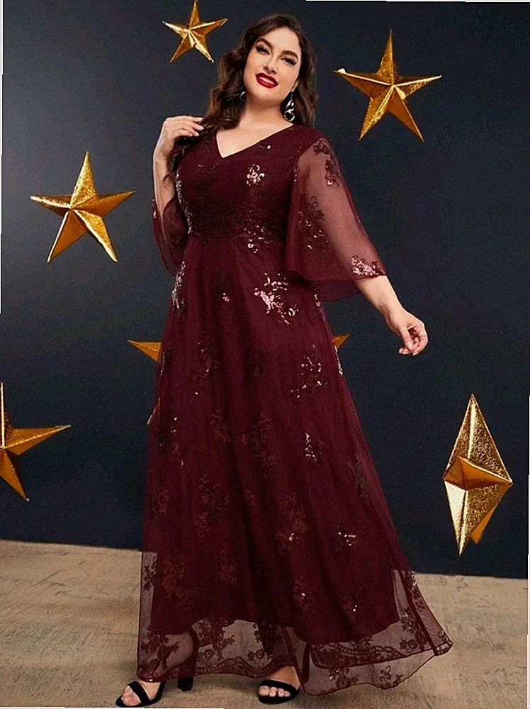 Langes Abendkleid Übergröße Elegant Kleid Party & Hochzeit bordeaux