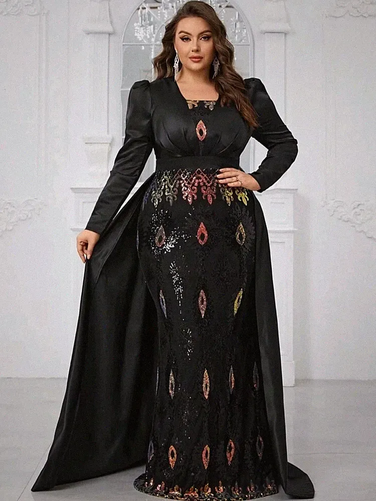 Langes Abendkleid Übergröße Elegant Partykleid Pailletten Curvy