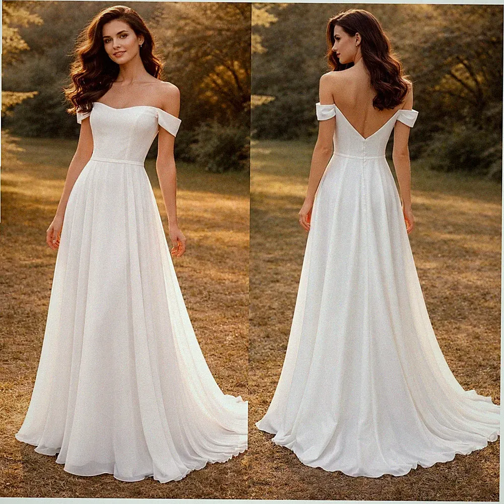 Langes Chiffon Brautkleid Carmen-Ausschnitt A-Linie mit Schleppe