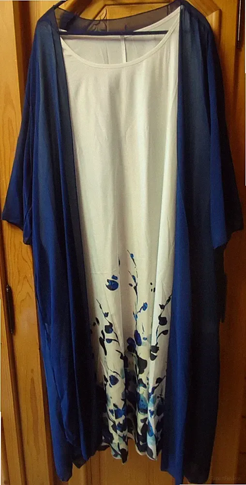 Langes Etui-Kleid mit Jacke, Größe 5XL; 52/54 Weiß/Dunkelblau