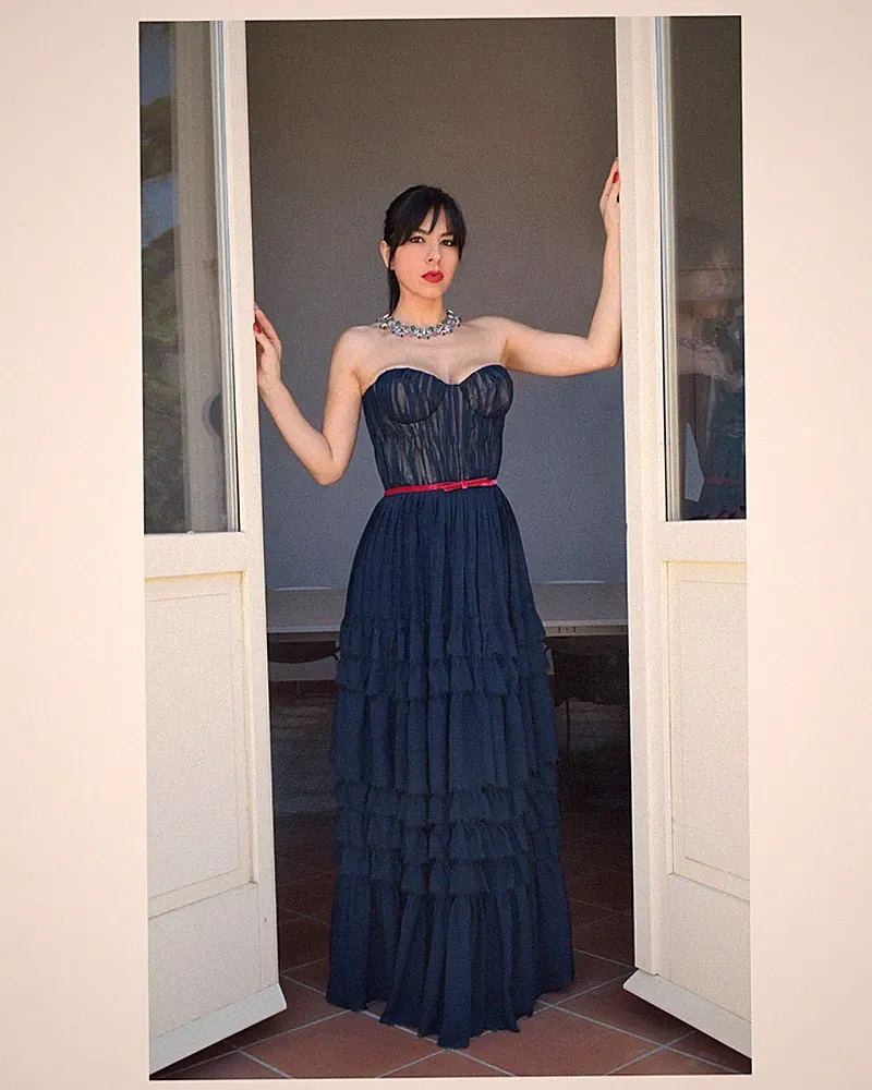Langes Kleid Blau Damen Gürtel Samt Hochzeit Brautjungfer Zeremonie Braut