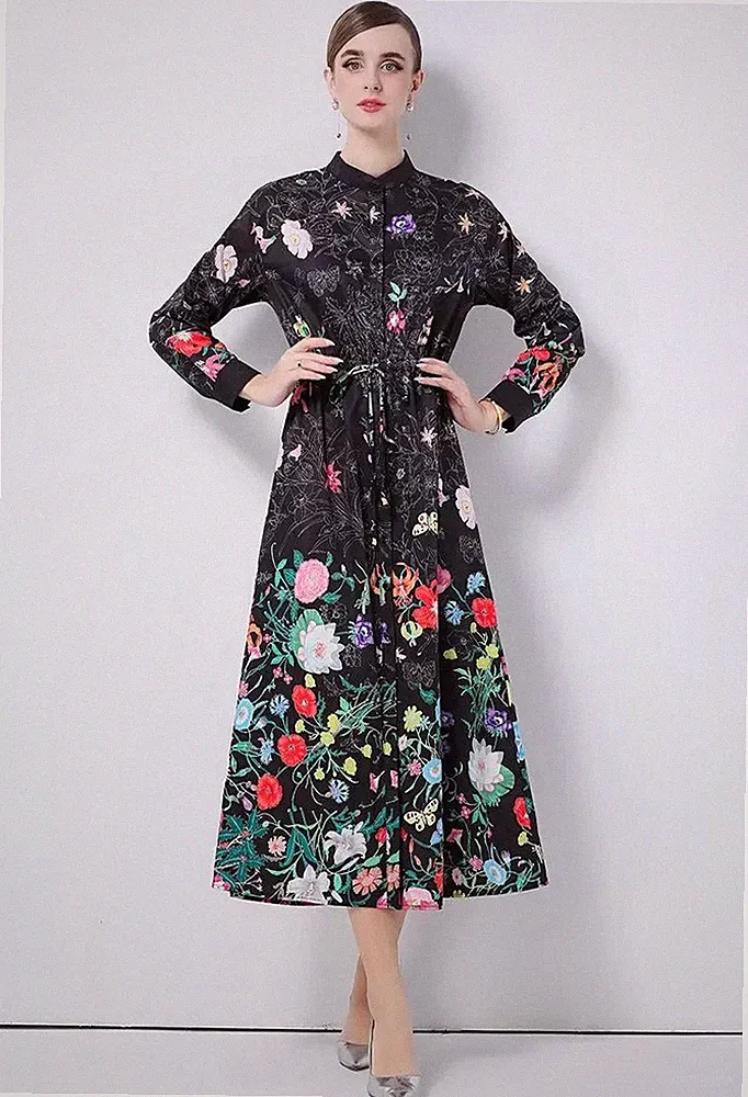 Langes Kleid Blumen Elegant Schwarz Mit Kordelzug Im Leben Für Zeremonie CF60005