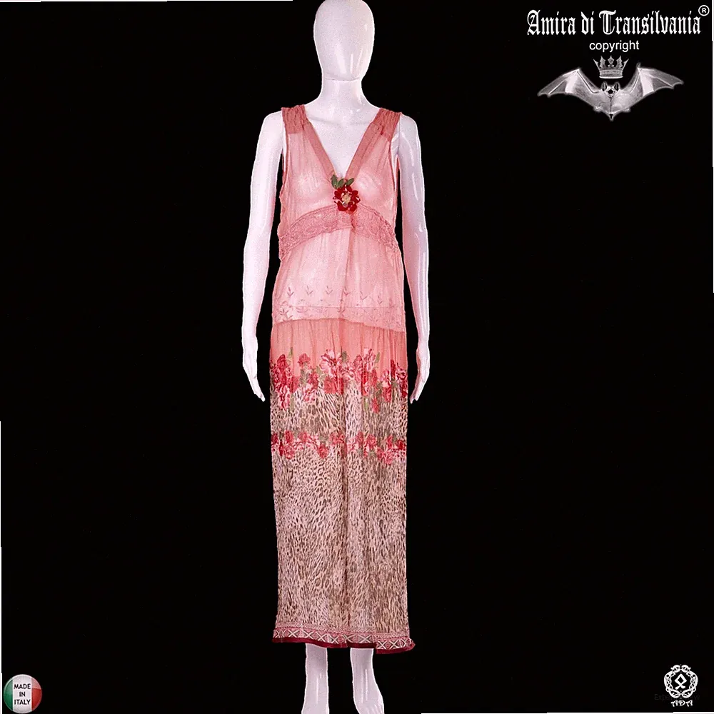langes Kleid Damen bequem Chiffon Kleid rosa Blumen Animalier Muster Pailletten