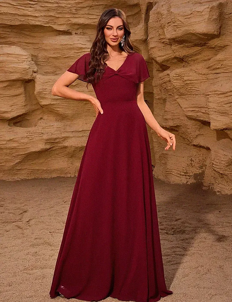 Langes Kleid Elegante Frau Schleifchen Rückseite Ärmel Schmetterling Rot CF55384