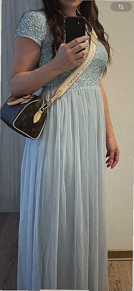 Langes Kleid S Blau Babyblau Pailletten Hochzeitsgast Ballkleid Pastell Festlich
