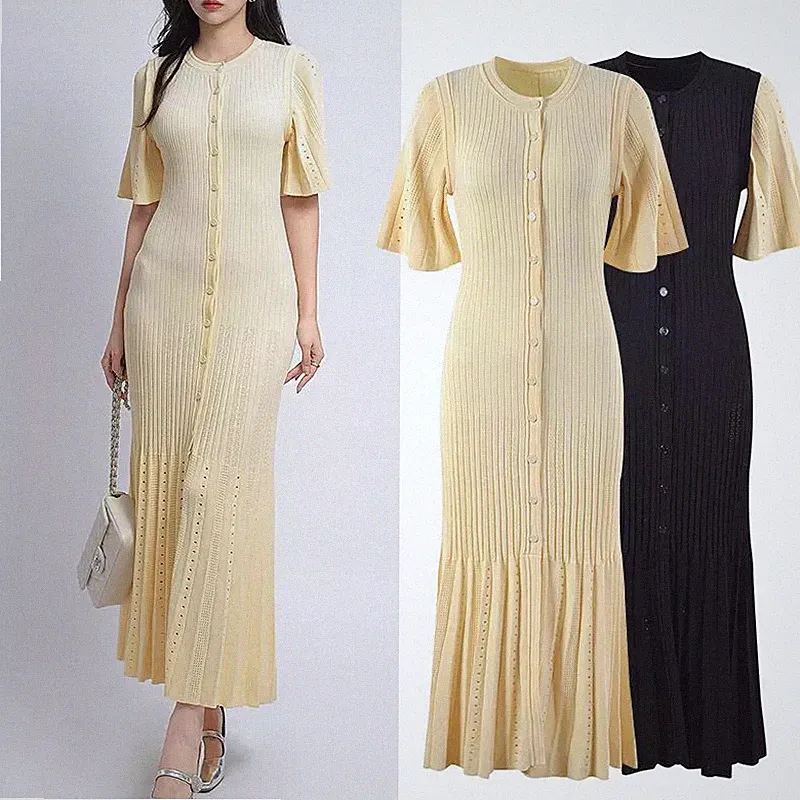 Langes Kleid Schwarz Gelb Mit Knöpfen Strick Kurzarm Glockenärmel CF48242