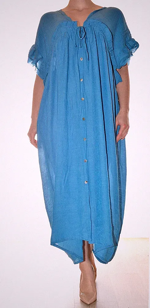 Langes leichtes Kleid blau uni fließend kurzarm ausgestellt Gr. 46 V-Ausschnitt