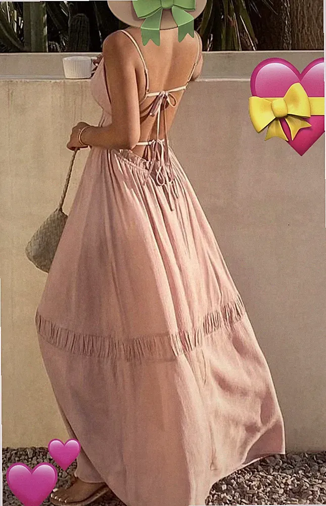 Langes Maxikleid Puderrosa Naturstoff Gr. L Satin Träger Rückenfrei Gefüttert