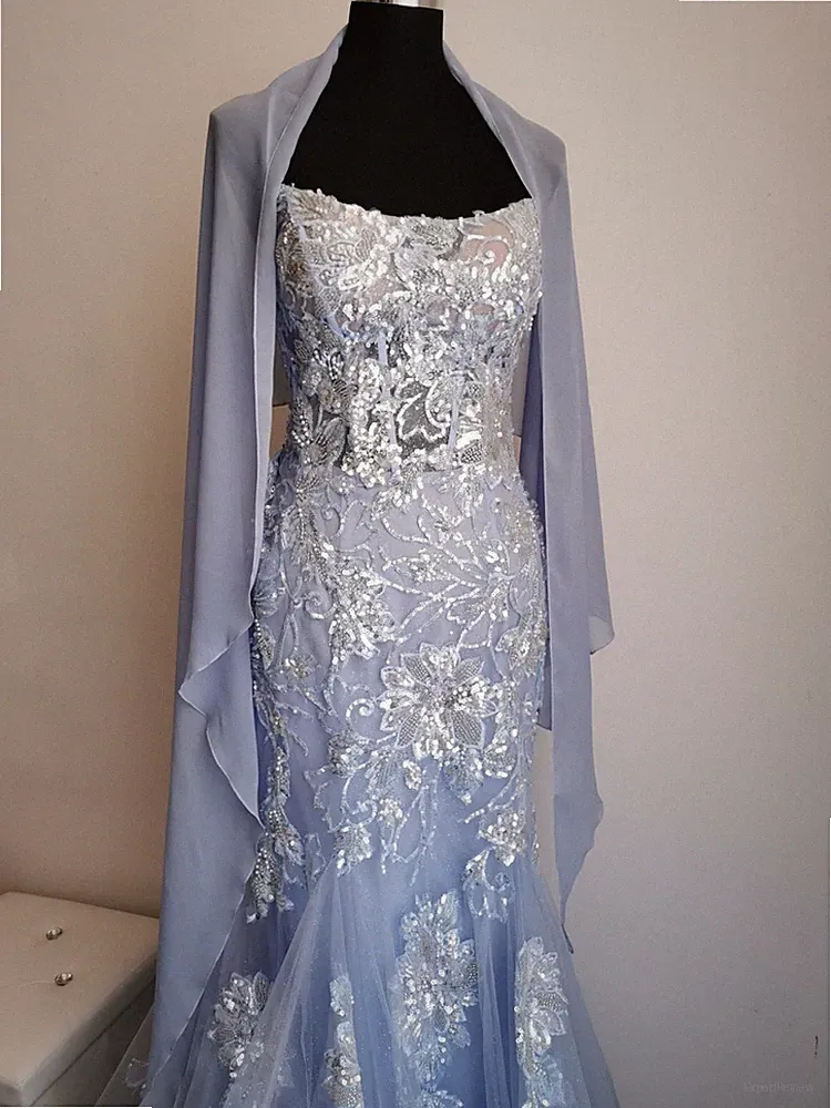 Langes Meerjungfrau Kleid Schulterüberwurf Braut Luxus Zeremonie Wedding Strass Perlen