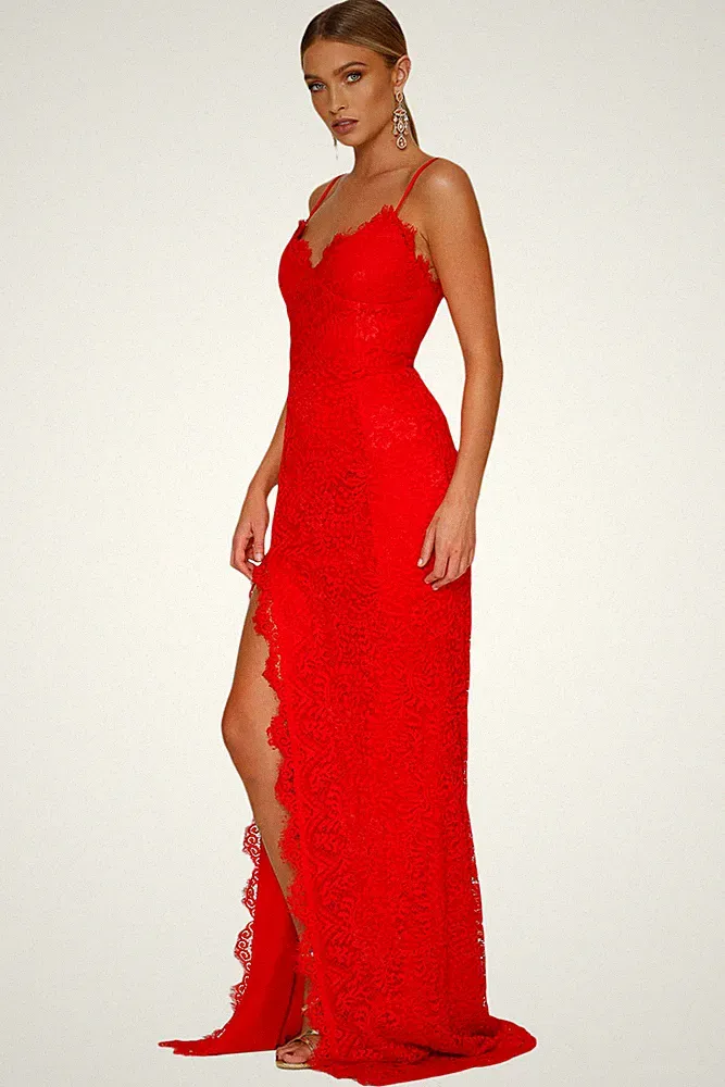 Langes offenes Kleid Schlitzausschnitt Spitze Zeremonie Party Maxi Evening Gown Dress M