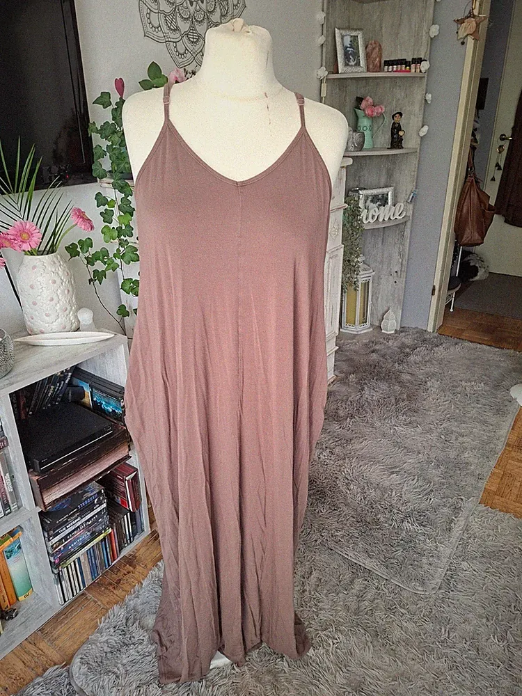 Langes Stretch Spaghettiträger Kleid Gr. XXL verstellbare Träger taupe A-Linie