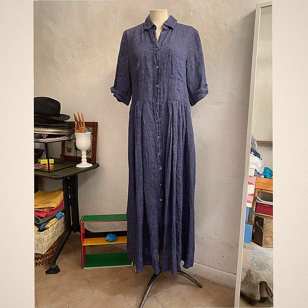 Langes weites Leinenkleid Melange blau / Zuckerpapier M L
