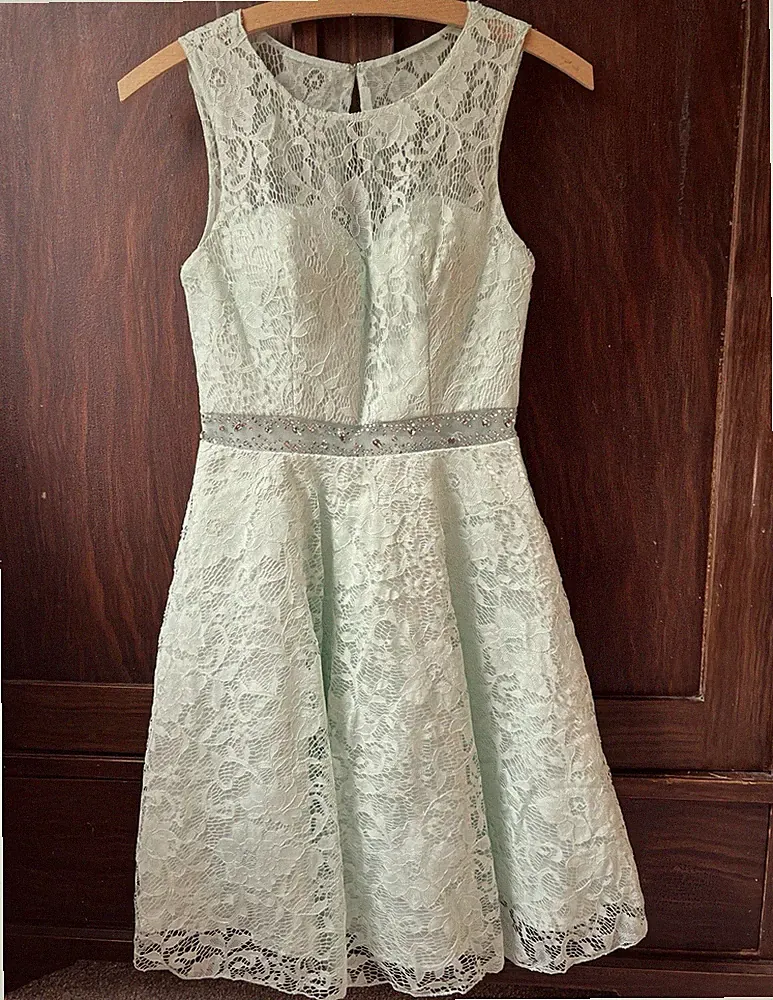 LAONA Damen A-Linien Kleid Gr. 32 Mintgrün kurz ärmellos Spitze Rundhals Perlen