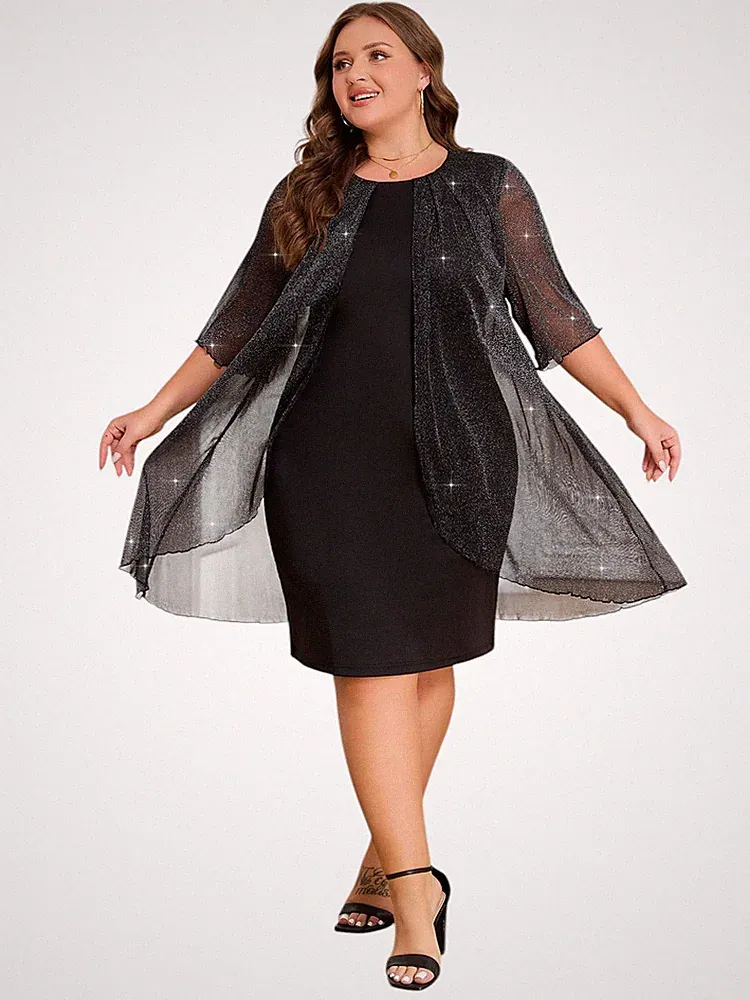 LapaPlus Übergröße schwarz Glitzer Netz Midikleid Hochzeit Gast Cocktail formell
