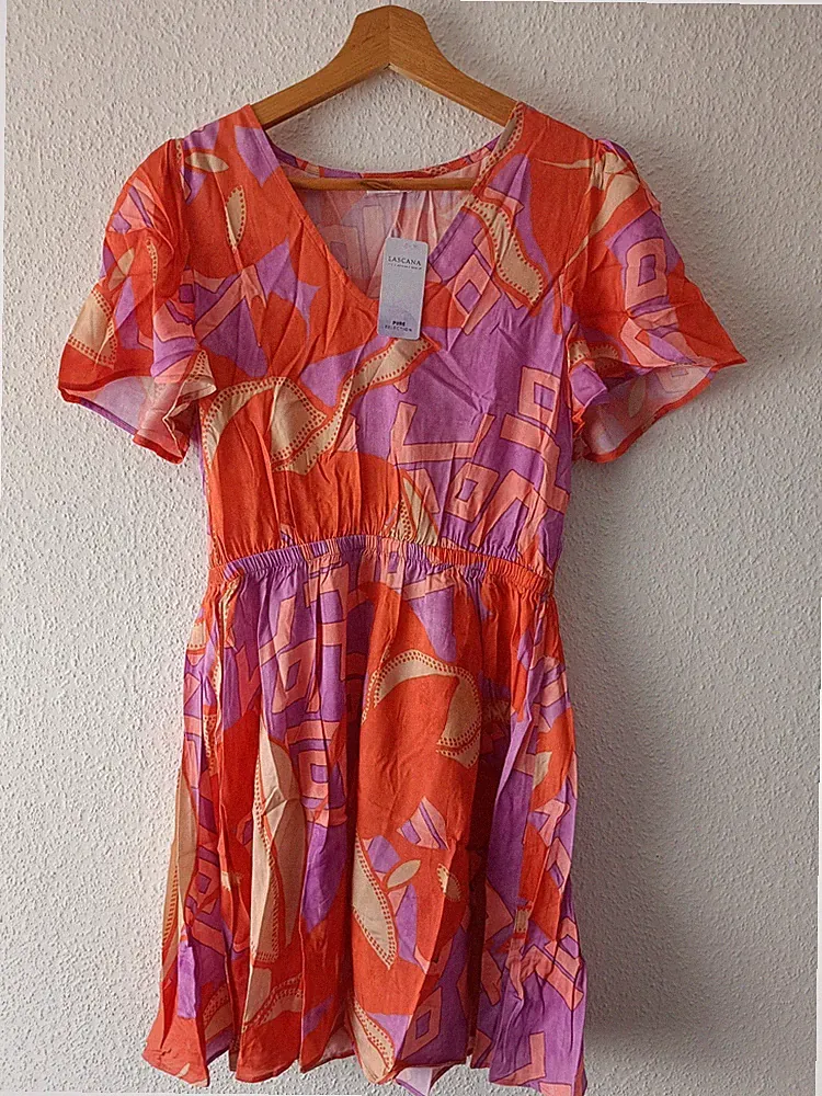 LASCANA Sommerkleid Damen Gr. 38 kurz Kurzarm V-Ausschnitt A-Linie Chiffon