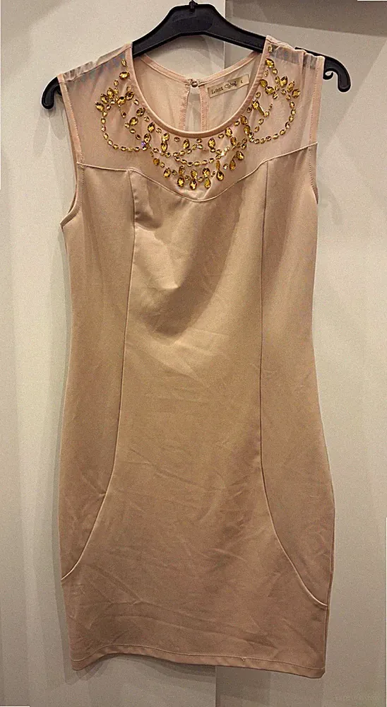 last Girl Damen Etuikleid Beige Kurz Ärmellos Rundhals Perlen Pailletten L