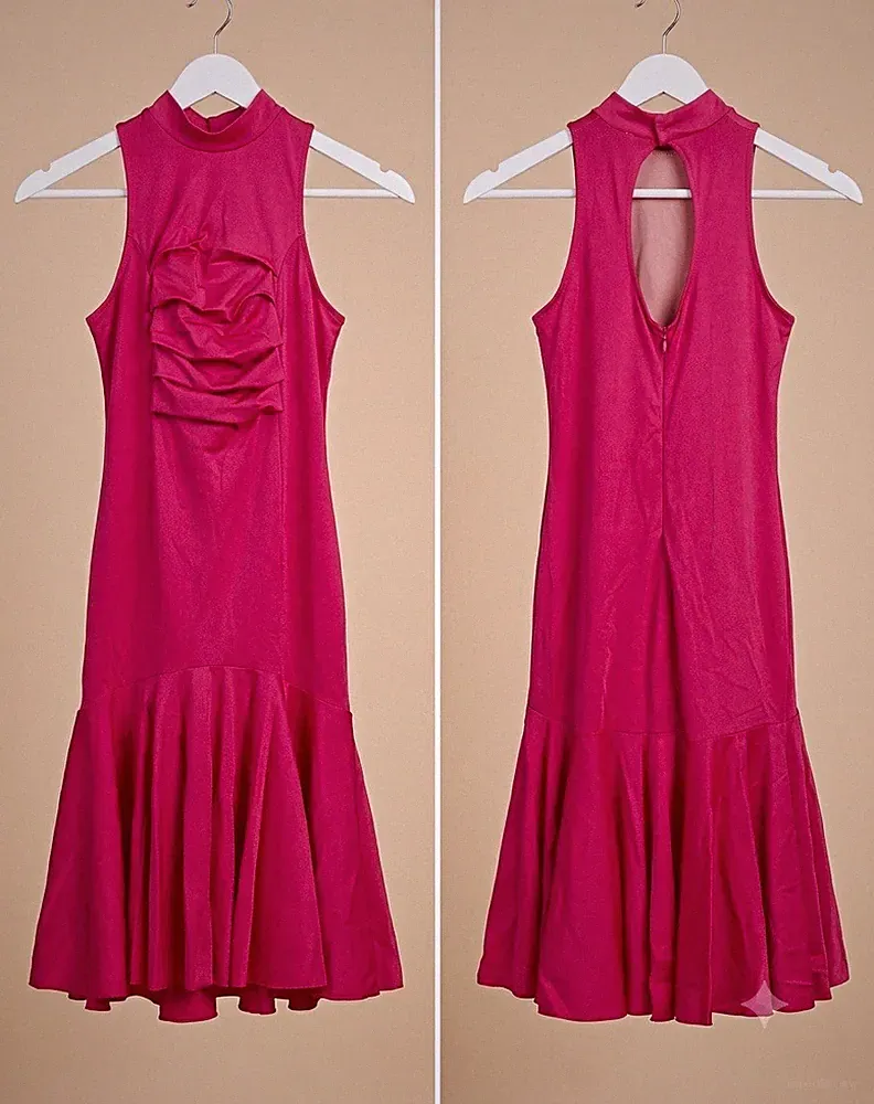Latein-Kleid Midi Pink XS Stehkragen ärmellos Raffung Cut-Out RV unifarben