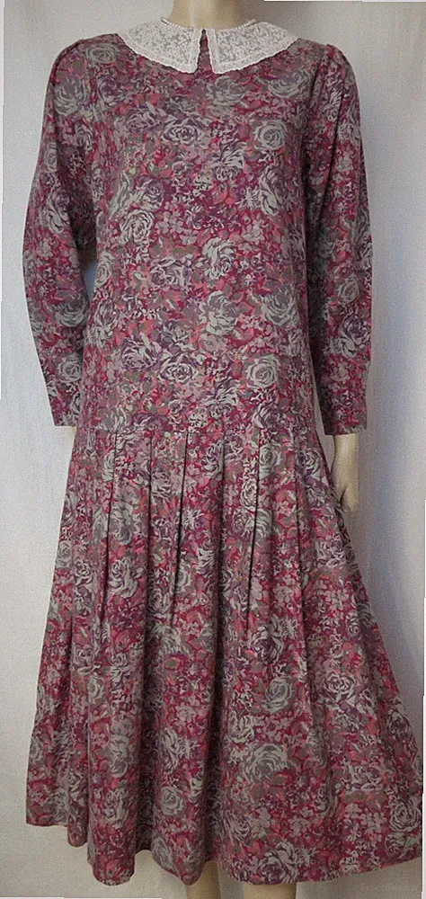 Laura Ashley Kleid 36 38 Rosen geblümt Spitzenkragen lila rosa grün vintage