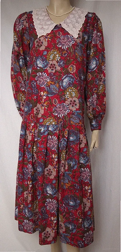 Laura Ashley Kleid 38 Blumen Spitzenkragen rot blau grün Viskose Wolle vintage