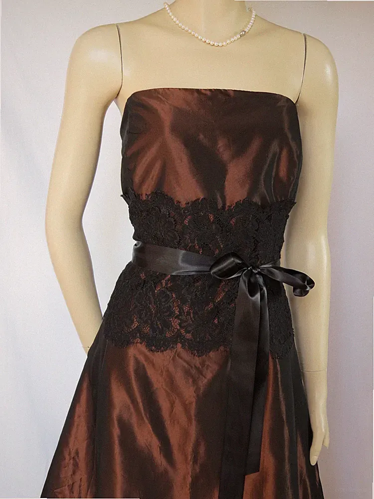 Laura Ashley Kleid 38 Hochzeit Satin braun schwarz Spitze Abendkleid festlich