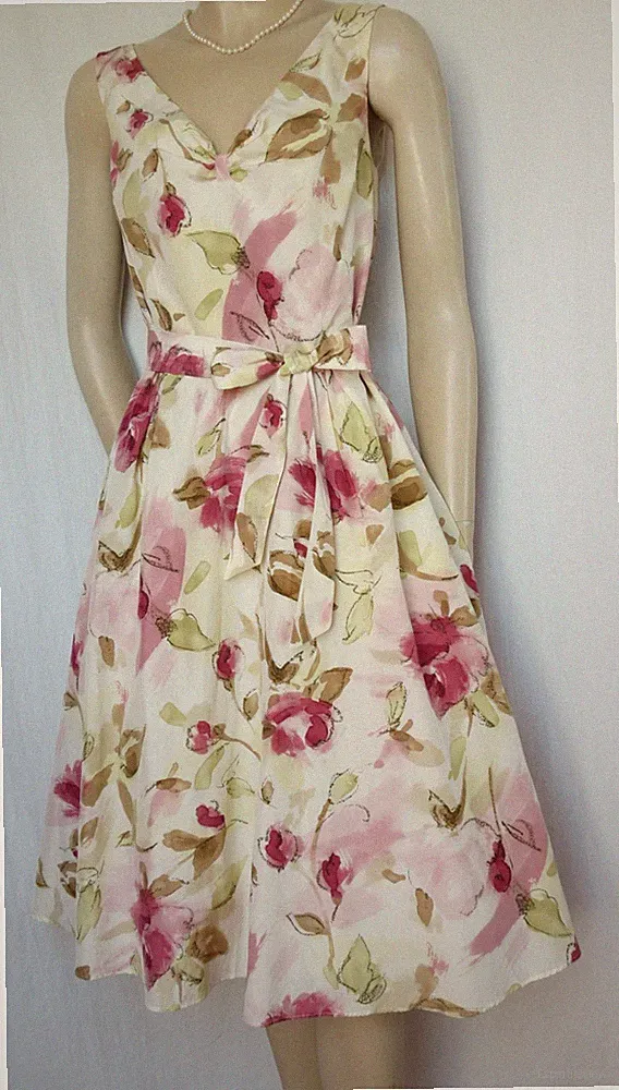 Laura Ashley Kleid 38 Seide Baumwolle creme rosa Aquarell Blumen Hochzeit Fest