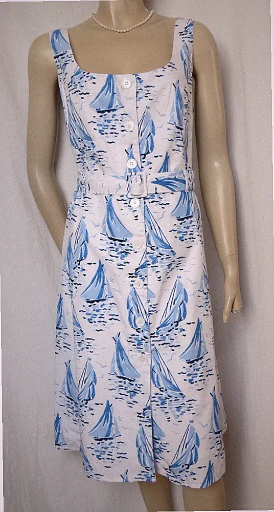 Laura Ashley Sommerkleid 42 44 blau weiß maritim Segelboote Baumwolle Kleid