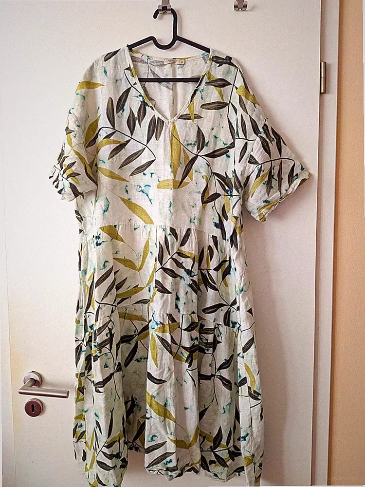 Laura Gotti Damen A-Linien Kleid knie 2XL mehrfarbig Blätter V-Ausschnitt