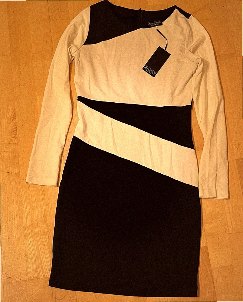 Laura Scott Etuikleid Damen Gr. 42 Farbblock Schwarz/Weiß Langarm Jersey