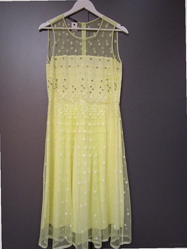Laurel Sommerkleid Gelb Tüll Runder Ausschnitt Strasssteine A-Form Gr 40 V4-11