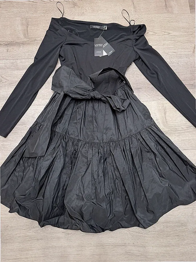 Lauren Ralph Lauren Kleid Midi Schwarz Carmen-Ausschnitt Langarm A-Linie Gr. 40