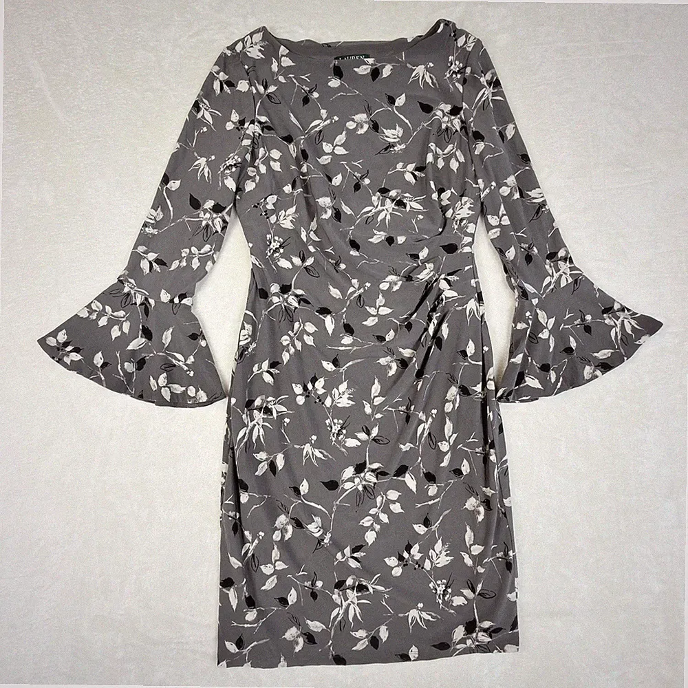 Lauren Ralph Lauren Kleid US12 EU42 Grau Blumen Rüschen Glockenärmel U-Boot