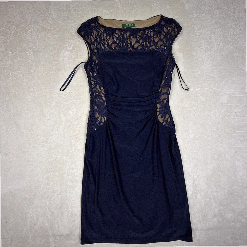 Lauren Ralph Lauren Kleid US6 EU36 Navy Blau Spitze Rüschen Etuikleid Kappe