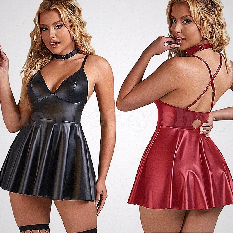 Leder A-Linie Minikleid PU Plissee Verstellbar Cami Rückenfrei Träger Halsband