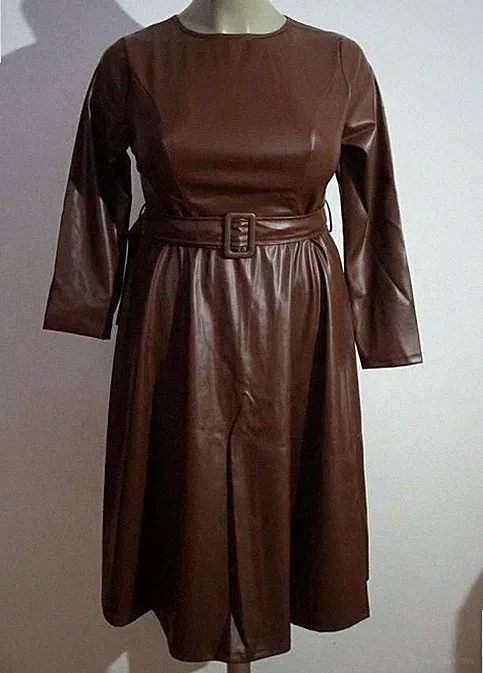 Leder Imitat Kleid Braun schwingende A-Linie mit Gürtel Größe XL NEU