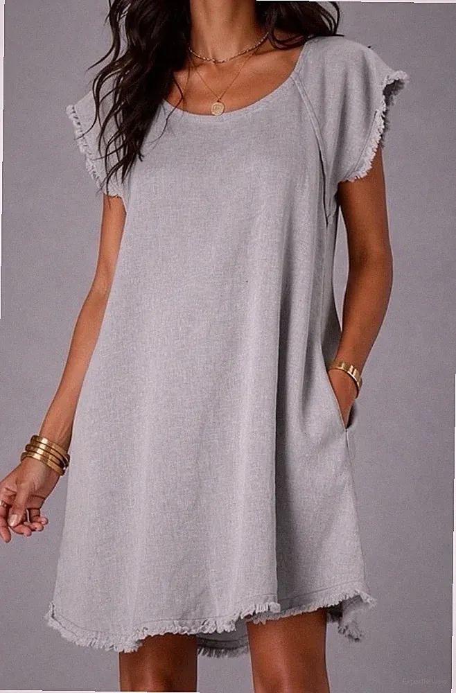 Leinenkleid Grau Kurz Minikleid Boho Leinen 36 Kleid Tunika A-Linie