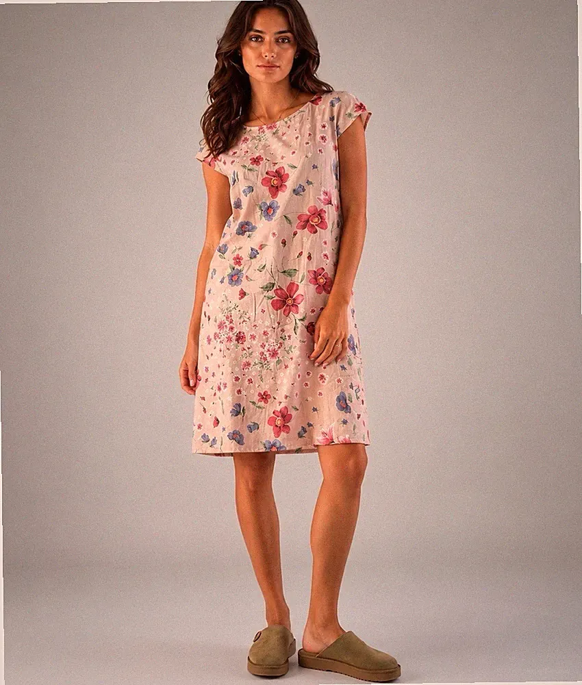 Leinenkleid Rosa Neu Blumen Print Gr XL 40 42 A linie Italy Leinen Boho Midi