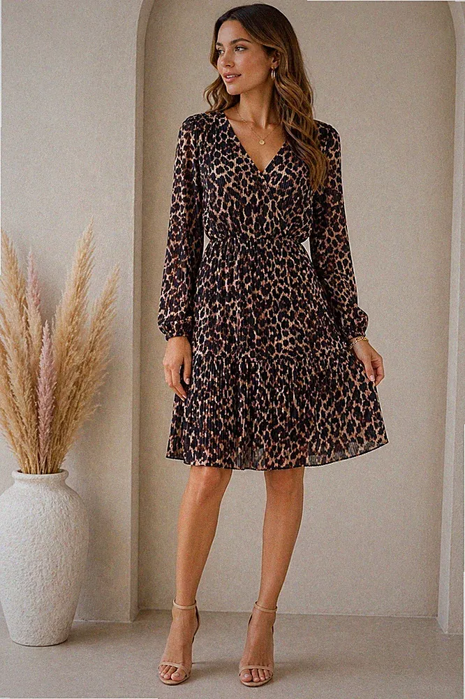 Leo Kleid Plissee Animal Print 36/S A-Linie Stretch Freizeit Volant Langarm NEU