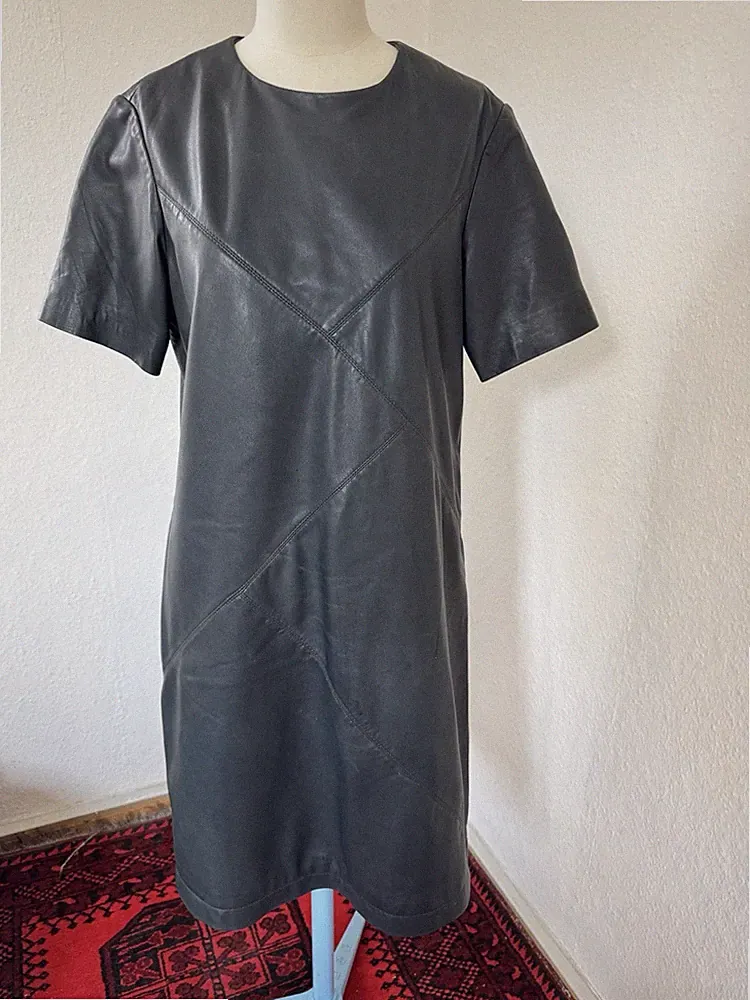 Liebeskind Berlin 499€ Size S Napa Leather mini Dress dark grey Crew Neck Short