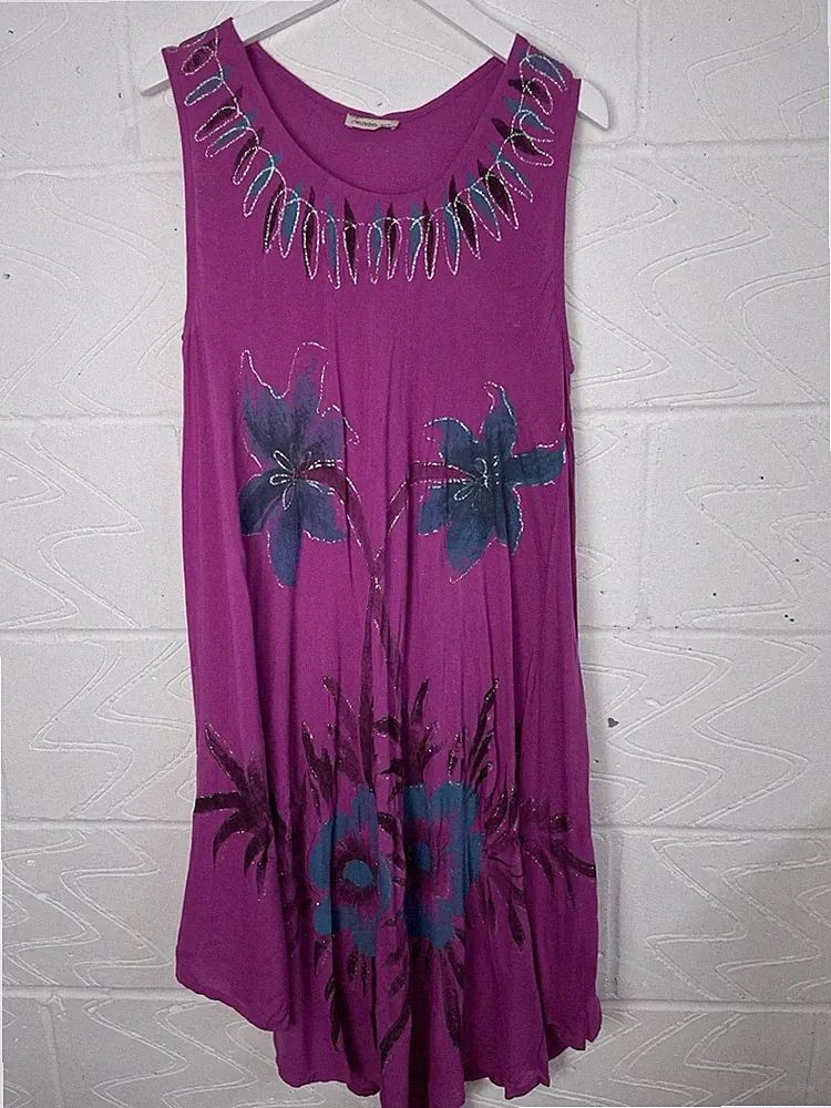Lila Blau Silber Glitzer Ärmellos Sommer Urlaub Kleid Cover Up High Low M-L