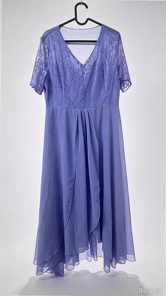 Lila Blau Spitze Chiffon Midikleid Anlass Hochzeit Gast V-Ausschnitt
