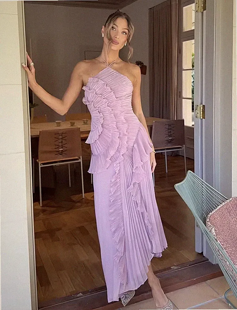 Lila Maxi Abendkleid, Rüschen Hochzeitsgast langes Kleid - Gr. L (UK 12/14)