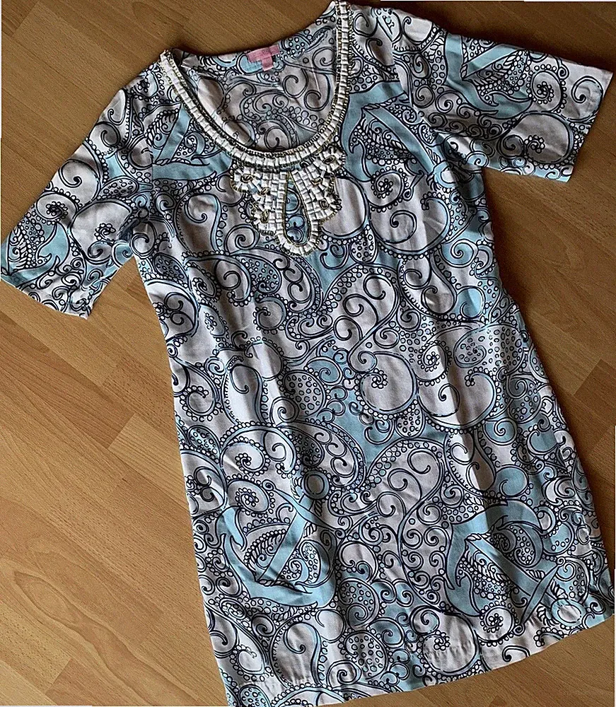 LILLY PULITZER Kleid L 40 Freizeit-Kleid 💕 Tunika Weiß Blau Hellblau Dekor