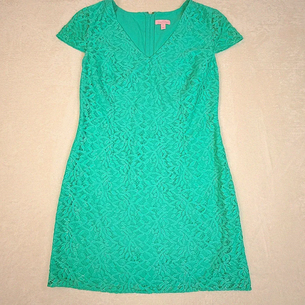 Lilly Pulitzer Kleid L türkis Blumen Spitze Etuikleid Seafoam Erica V-Ausschn...