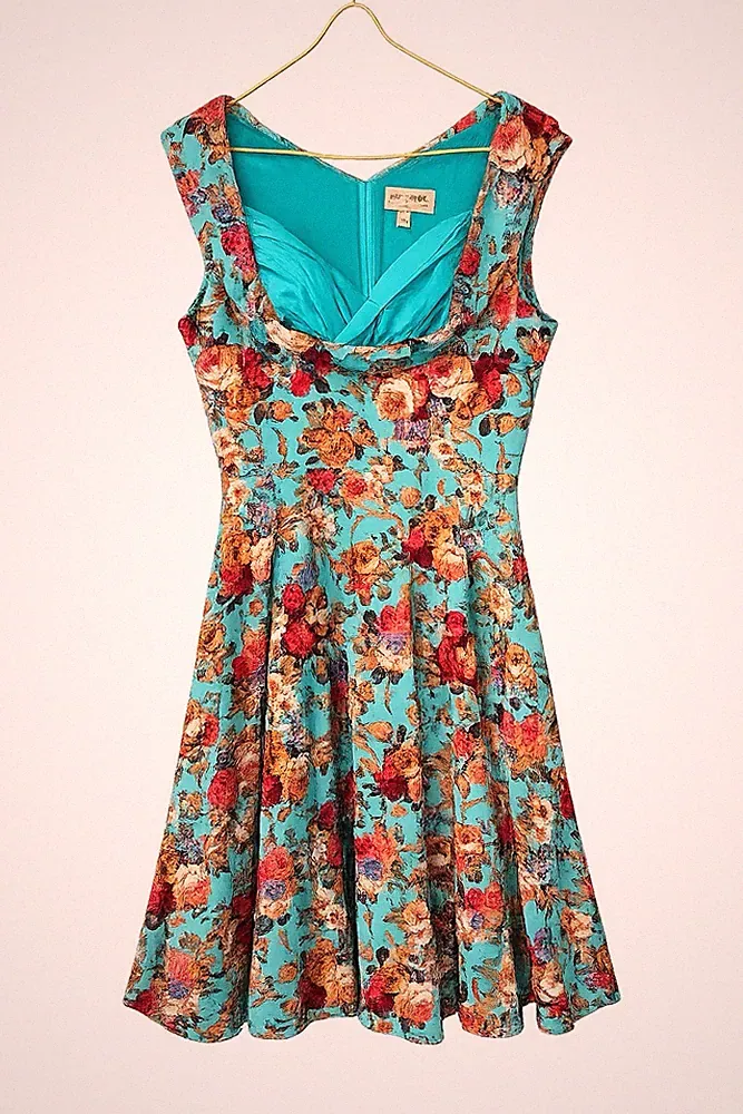 Lindy Bop Ophelia Sommerkleid Rockabilly Retro Turkis tailliert Gr 38 Floral