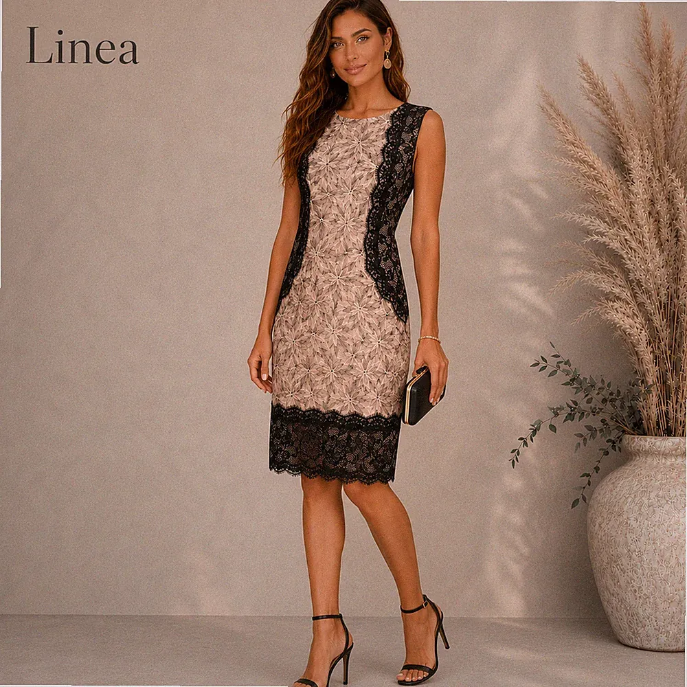Linea besticktes Kleid für besondere Anlässe UK 14 pfirsich schwarz Spitze Hochzeit Gast Party
