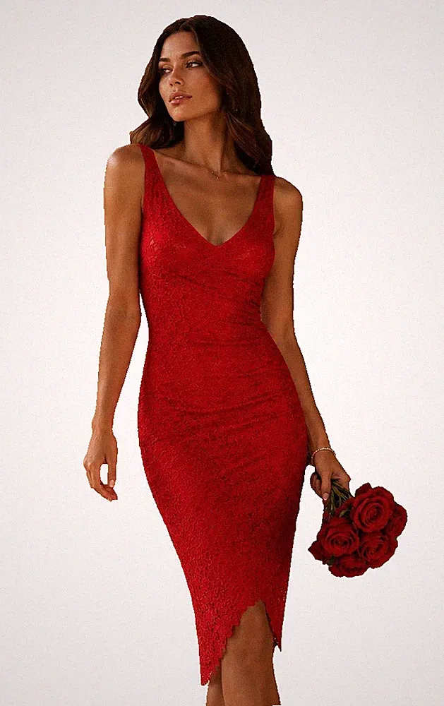 Lipsy Amy Bodycon-Kleid rot Spitze 10 UK Midi V-Ausschnitt Party Anlass Hochzeit Gast